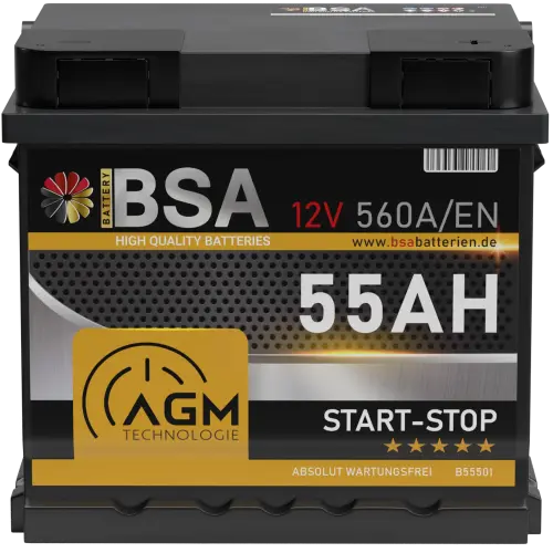 BSA AGM Autobatterie 55Ah 12V Batterie Start-Stop Starterbatterie