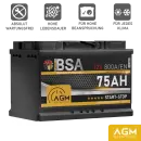 BSA AGM Autobatterie 75Ah 12V Batterie Start-Stop...